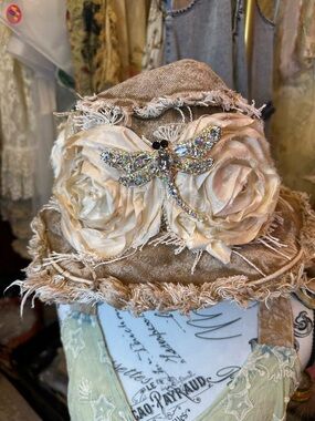 Ivory Floral Dragonfly Frayed Denim Bucket Hat